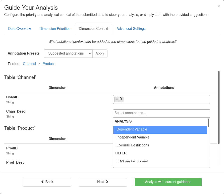 Analysis Guidance - Dimension context dialog