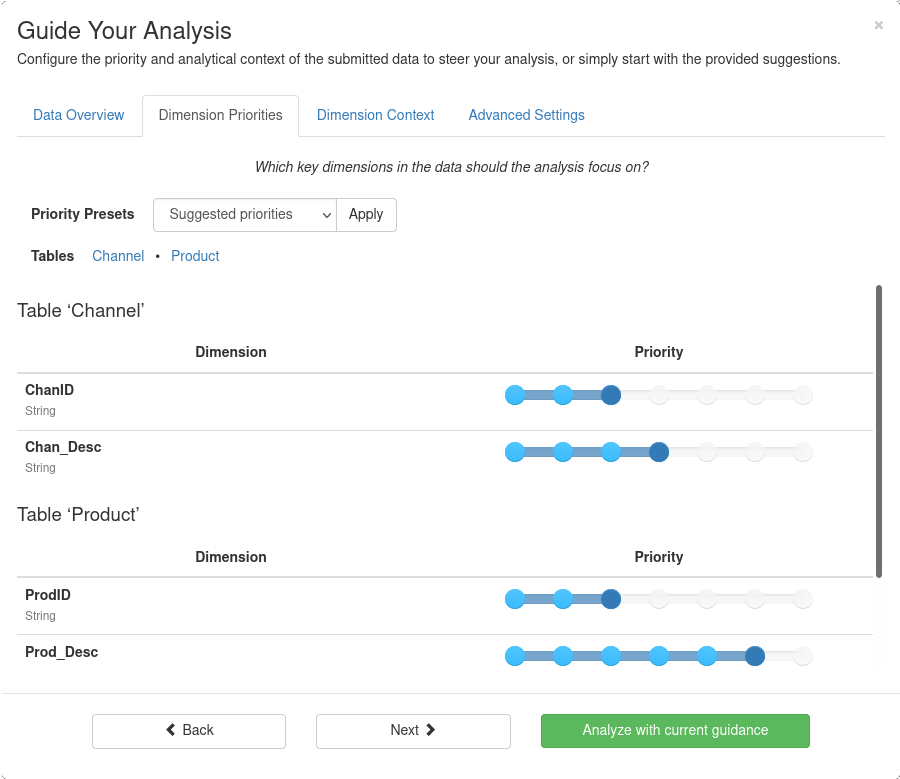 Analysis Guidance - Dimension priority dialog